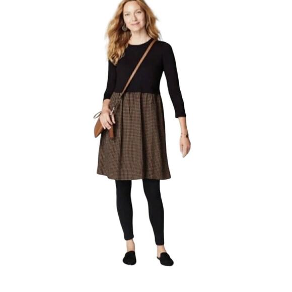 J. Jill Mixed Media Shirt Dress Black Brown Gingham 3/4 Sleeve Womens M Medium - Picture 12 of 13